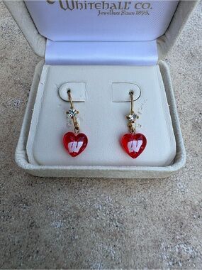 ‘W’ Red Heart Dangle Earrings with Crystal Accent